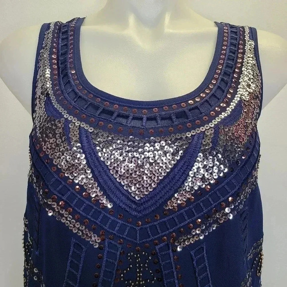 Alga Francescas Navy Blue Silver Bronze Sequin Beaded Art Deco Shift Dress Small - Picture 3 of 14